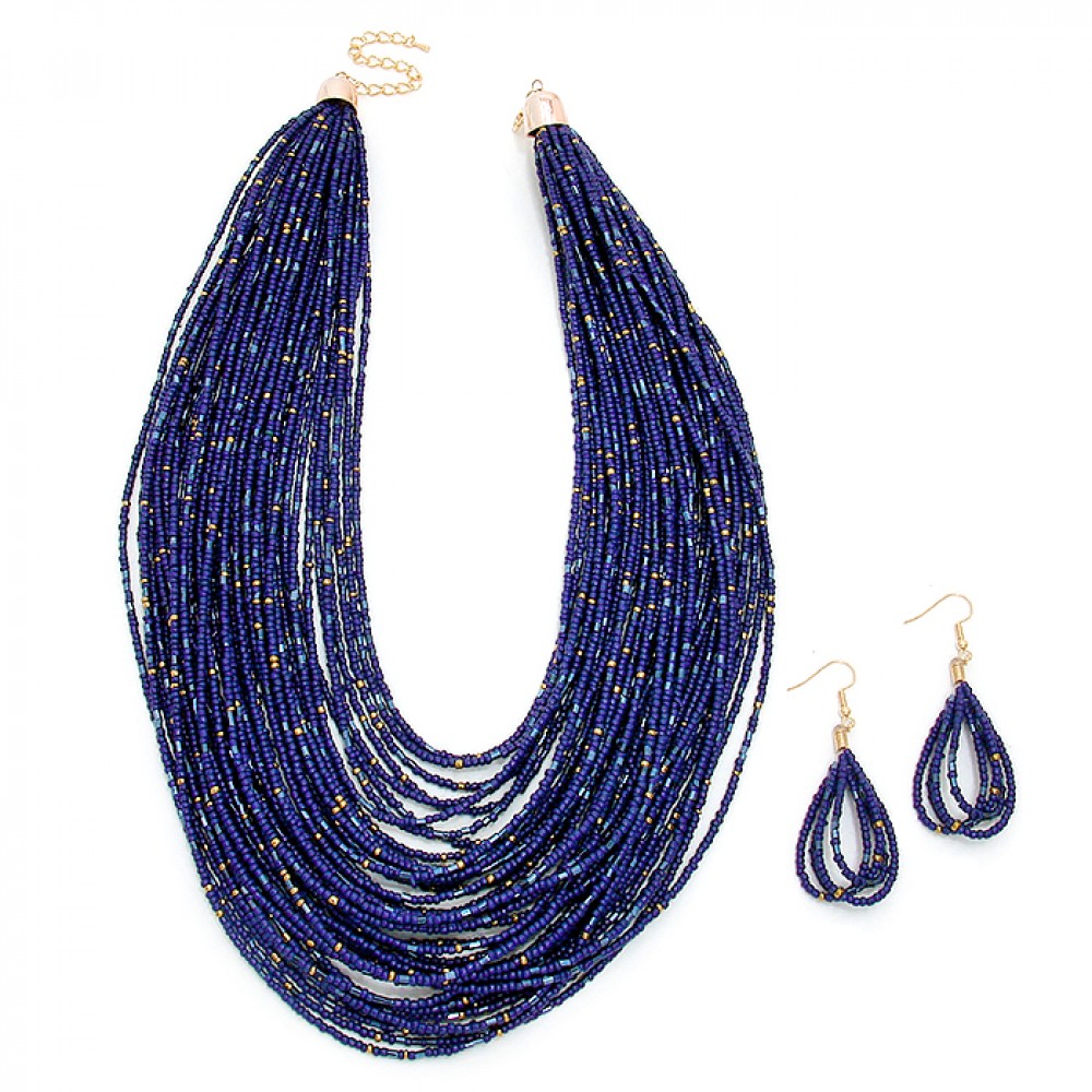 Navy Blue Multi-Strand Faceted Stone Beaded Statement Necklace